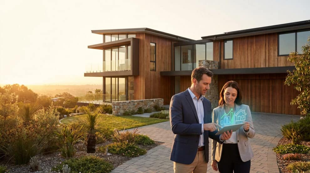Un couple de professionnels examine des données immobilières sur une tablette devant une villa moderne.