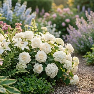 Roses et lys blancs en fleurs le long d'une allée de jardin par une journée ensoleillée.