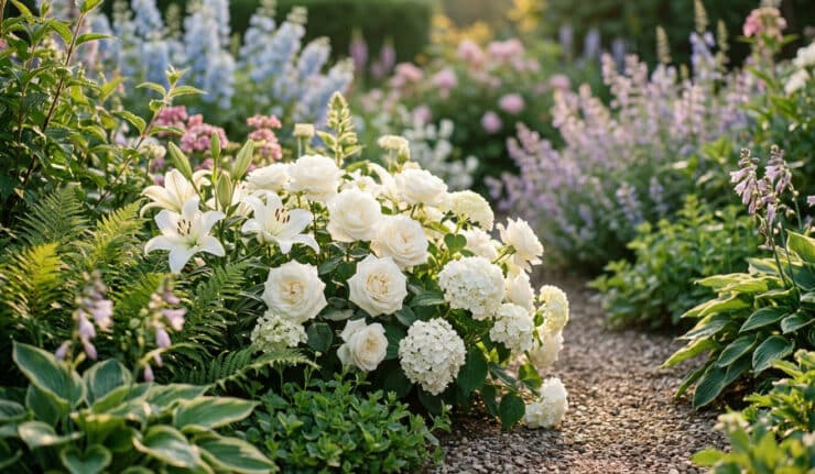 Roses et lys blancs en fleurs le long d'une allée de jardin par une journée ensoleillée.