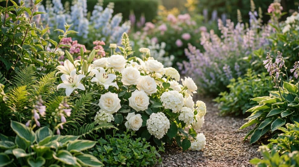 Roses et lys blancs en fleurs le long d'une allée de jardin par une journée ensoleillée.