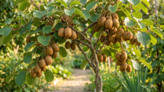 Un jeune plant de kiwi chargé de nombreux fruits bruns et velus suspendus aux branches dans un jardin ensoleillé.