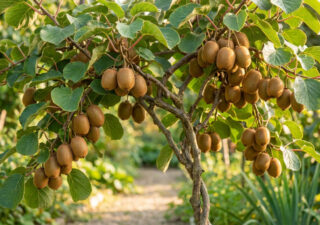 Un jeune plant de kiwi chargé de nombreux fruits bruns et velus suspendus aux branches dans un jardin ensoleillé.