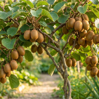 Un jeune plant de kiwi chargé de nombreux fruits bruns et velus suspendus aux branches dans un jardin ensoleillé.