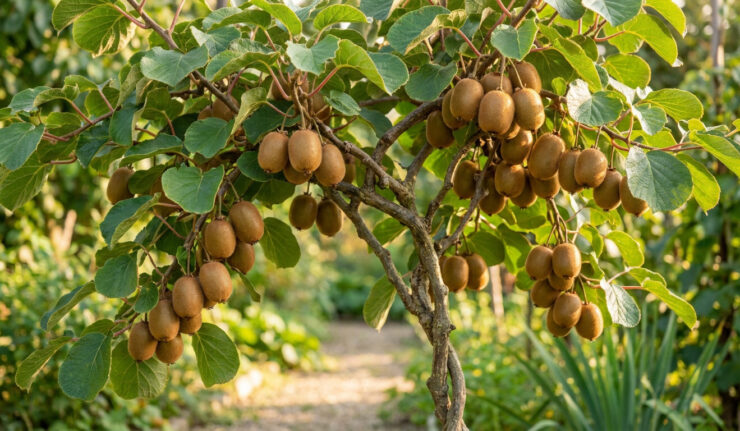 Un jeune plant de kiwi chargé de nombreux fruits bruns et velus suspendus aux branches dans un jardin ensoleillé.