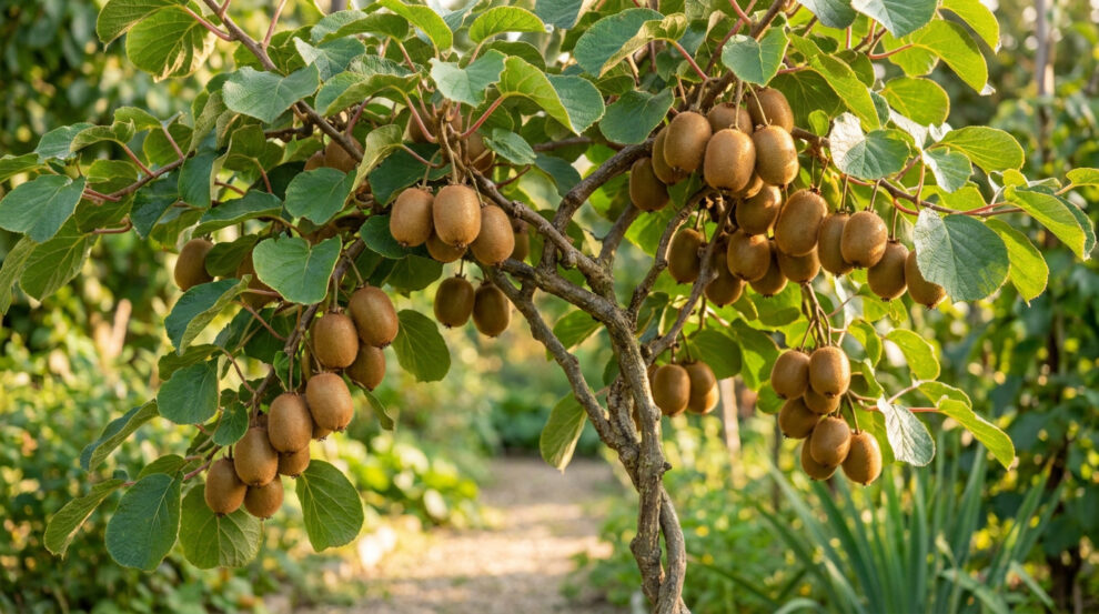 Un jeune plant de kiwi chargé de nombreux fruits bruns et velus suspendus aux branches dans un jardin ensoleillé.
