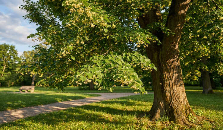 Gros plan sur les branches d'un tilleul en fleurs dans un parc ensoleillé au printemps.