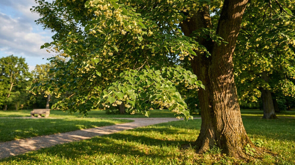 Gros plan sur les branches d'un tilleul en fleurs dans un parc ensoleillé au printemps.