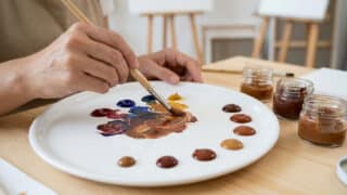 Une main d'artiste mélange des touches de peinture sur une palette en céramique pour créer des nuances de marron.