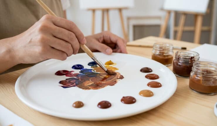 Une main d'artiste mélange des touches de peinture sur une palette en céramique pour créer des nuances de marron.