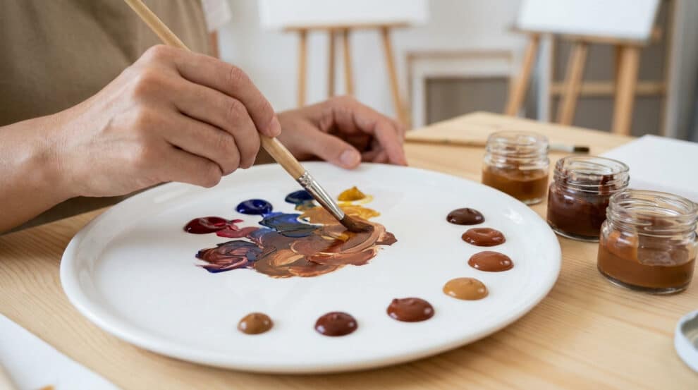 Une main d'artiste mélange des touches de peinture sur une palette en céramique pour créer des nuances de marron.