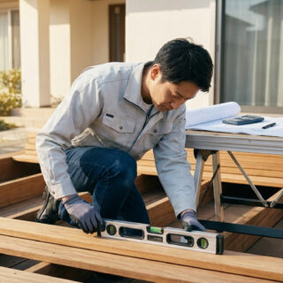 Un artisan en tenue de travail utilise un niveau à bulle sur une structure de terrasse en bois devant une maison.