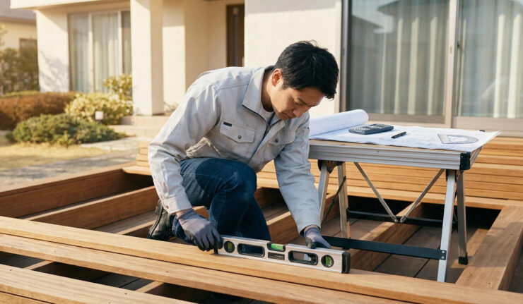 Un artisan en tenue de travail utilise un niveau à bulle sur une structure de terrasse en bois devant une maison.