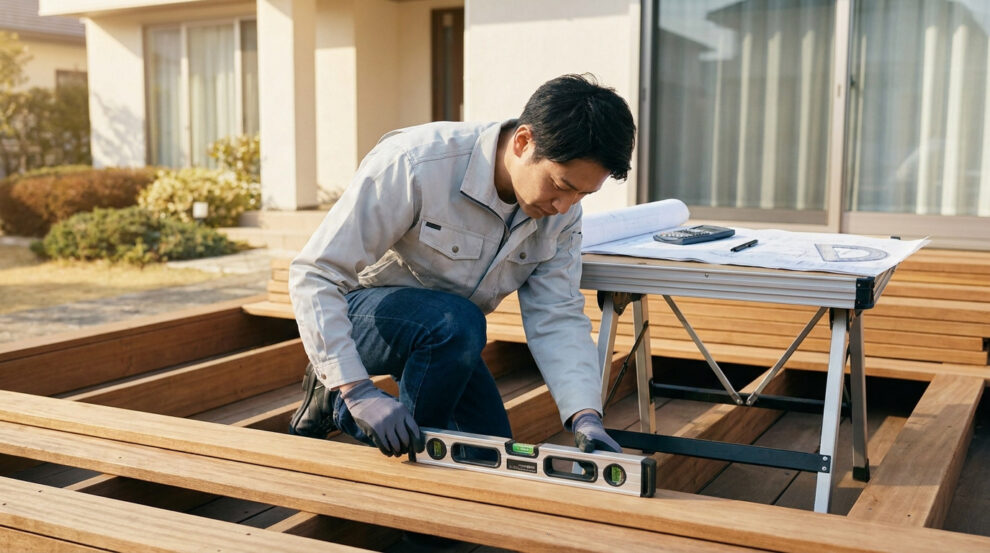 Un artisan en tenue de travail utilise un niveau à bulle sur une structure de terrasse en bois devant une maison.