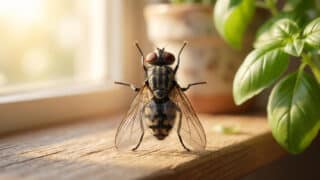 Une mouche domestique posée sur un rebord de fenêtre en bois à côté d'une plante verte.