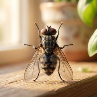 Une mouche domestique posée sur un rebord de fenêtre en bois à côté d'une plante verte.