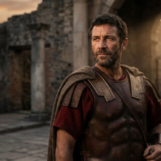 Un soldat romain barbu en armure debout au milieu de ruines antiques au coucher du soleil.