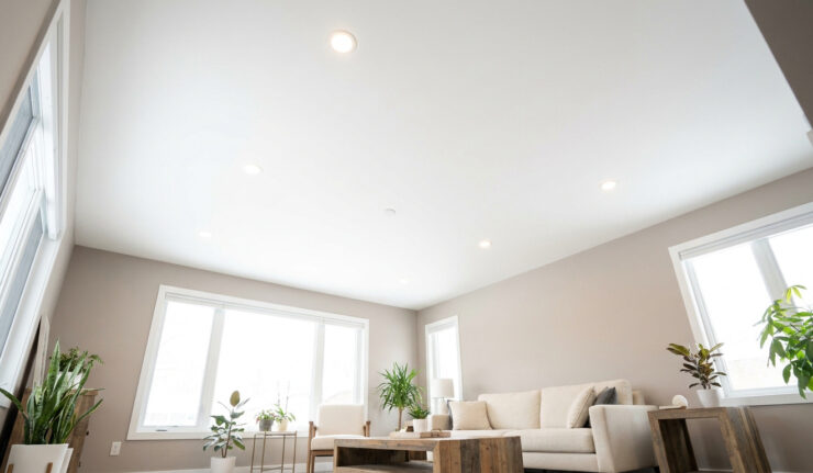 Salon moderne avec un plafond blanc lisse, des spots encastrés et des murs aux tons neutres.