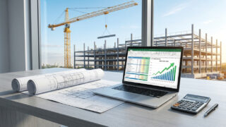 Ordinateur portable avec graphique de coûts sur un bureau face à un chantier de construction en cours.