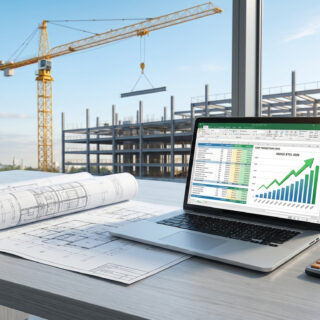 Ordinateur portable avec graphique de coûts sur un bureau face à un chantier de construction en cours.