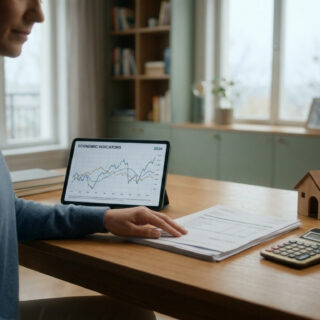 Une femme examine des données financières et une calculatrice sur un bureau avec une petite maquette de maison.