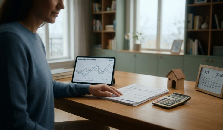 Une femme examine des données financières et une calculatrice sur un bureau avec une petite maquette de maison.