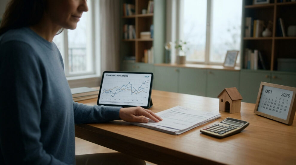 Une femme examine des données financières et une calculatrice sur un bureau avec une petite maquette de maison.