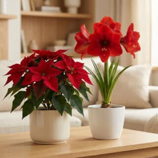 Un poinsettia et un amaryllis rouges en pots posés sur une table en bois dans un salon lumineux.