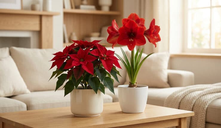 Un poinsettia et un amaryllis rouges en pots posés sur une table en bois dans un salon lumineux.