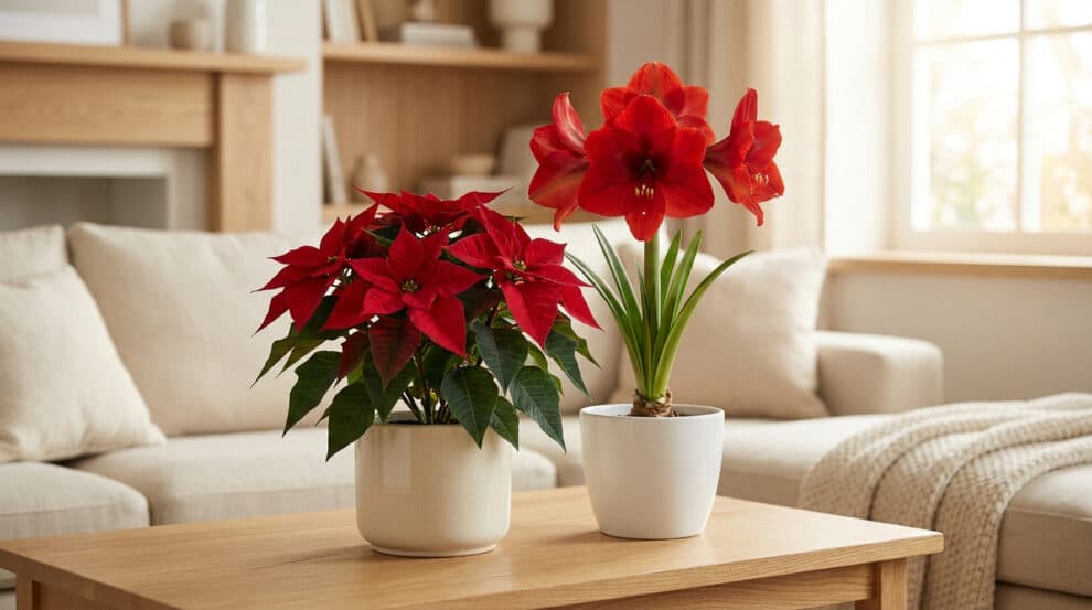 Un poinsettia et un amaryllis rouges en pots posés sur une table en bois dans un salon lumineux.