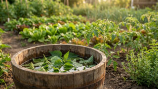 Un seau en bois rempli d'orties macérant dans de l'eau au milieu d'un potager ensoleillé.
