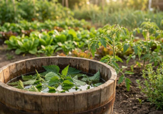Un seau en bois rempli d'orties macérant dans de l'eau au milieu d'un potager ensoleillé.