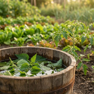 Un seau en bois rempli d'orties macérant dans de l'eau au milieu d'un potager ensoleillé.