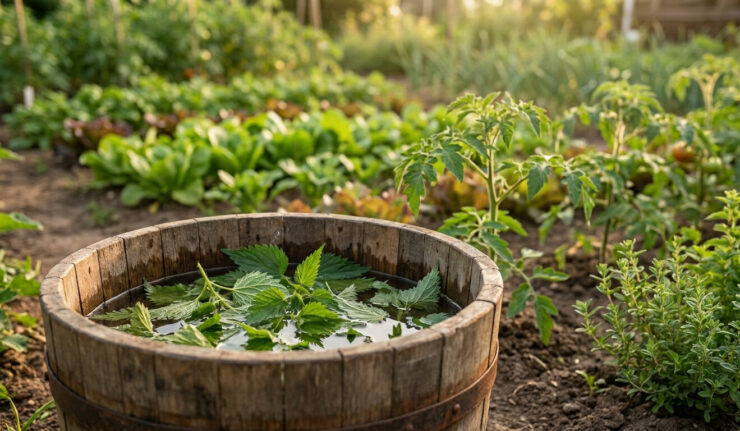 Un seau en bois rempli d'orties macérant dans de l'eau au milieu d'un potager ensoleillé.