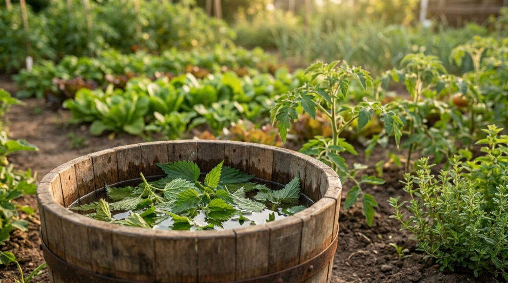 Un seau en bois rempli d'orties macérant dans de l'eau au milieu d'un potager ensoleillé.