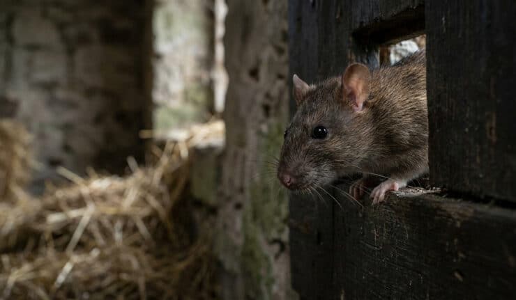 Un rat brun observant depuis une ouverture dans une paroi en bois sombre, avec de la paille en arrière-plan.
