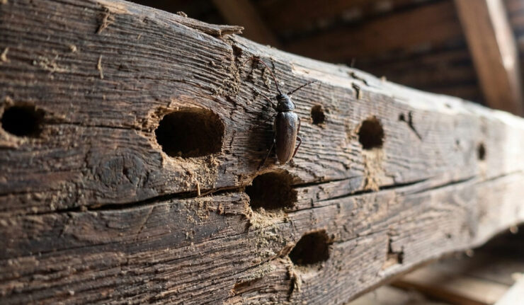 Un capricorne des maisons posé sur une poutre en bois ancienne présentant de nombreux trous de sortie.