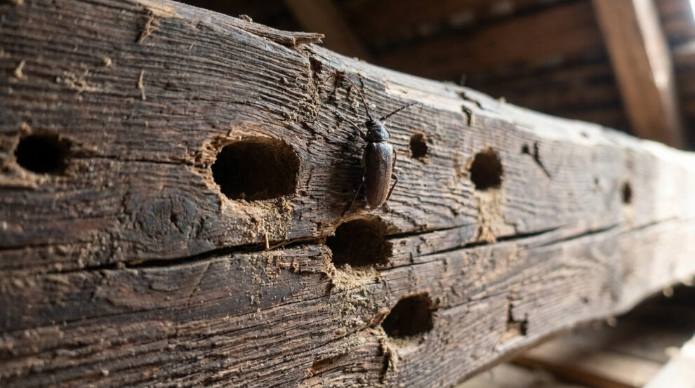 Un capricorne des maisons posé sur une poutre en bois ancienne présentant de nombreux trous de sortie.