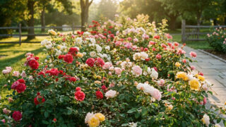 Magnifique massif de rosiers buissons multicolores baigné par la lumière dorée d'une fin d'après-midi dans un jardin.