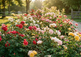 Magnifique massif de rosiers buissons multicolores baigné par la lumière dorée d'une fin d'après-midi dans un jardin.