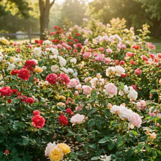 Magnifique massif de rosiers buissons multicolores baigné par la lumière dorée d'une fin d'après-midi dans un jardin.