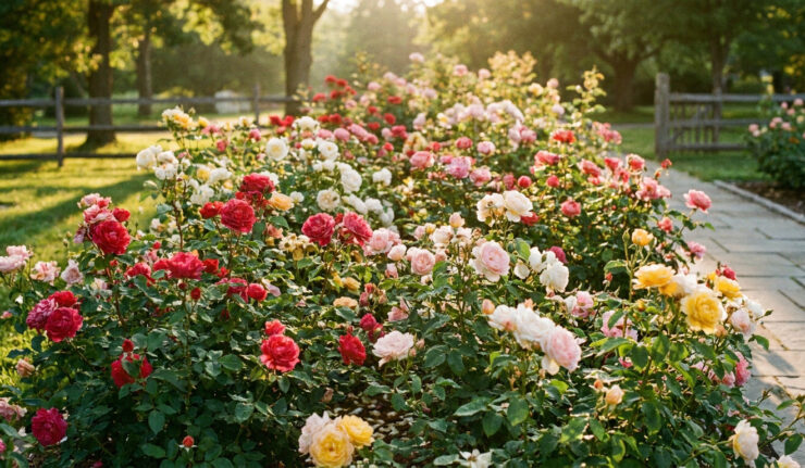 Magnifique massif de rosiers buissons multicolores baigné par la lumière dorée d'une fin d'après-midi dans un jardin.