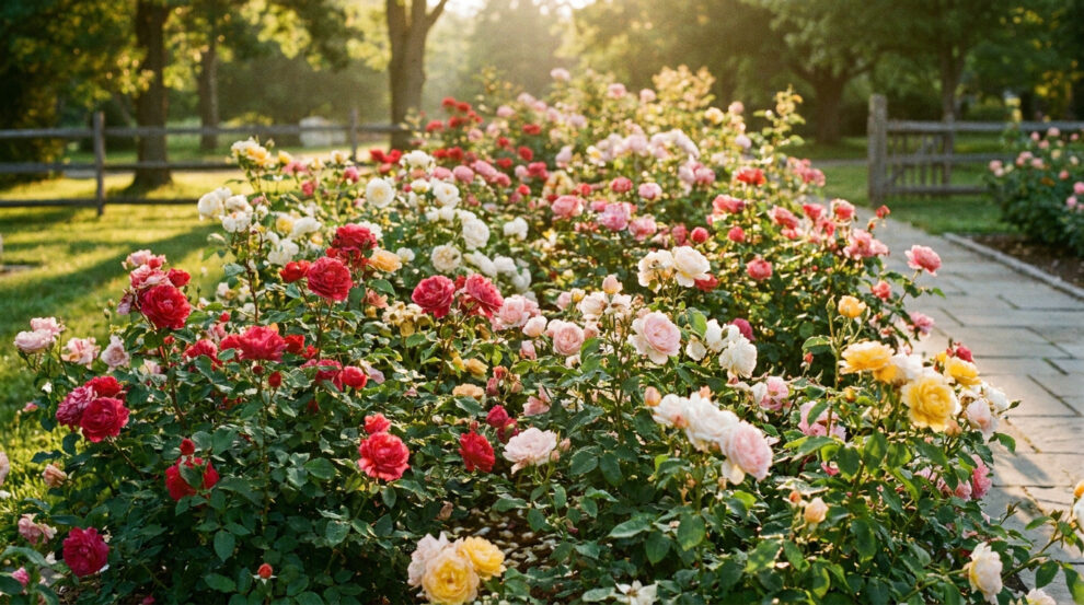 Magnifique massif de rosiers buissons multicolores baigné par la lumière dorée d'une fin d'après-midi dans un jardin.