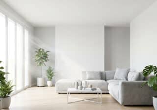 Salon minimaliste blanc avec canapé, grandes baies vitrées laissant passer la lumière et plantes d'intérieur vertes.