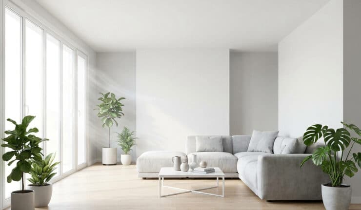 Salon minimaliste blanc avec canapé, grandes baies vitrées laissant passer la lumière et plantes d'intérieur vertes.