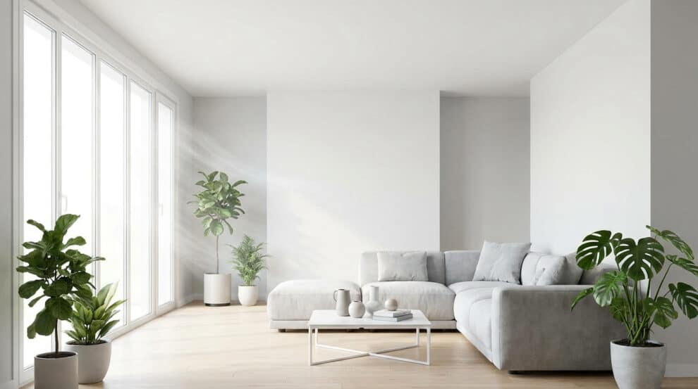 Salon minimaliste blanc avec canapé, grandes baies vitrées laissant passer la lumière et plantes d'intérieur vertes.