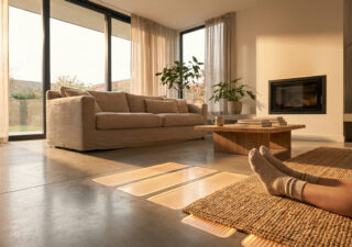 Salon moderne avec chauffage au sol diffusant une douce chaleur sous des dalles lumineuses, pieds posés sur un tapis.
