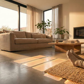 Salon moderne avec chauffage au sol diffusant une douce chaleur sous des dalles lumineuses, pieds posés sur un tapis.