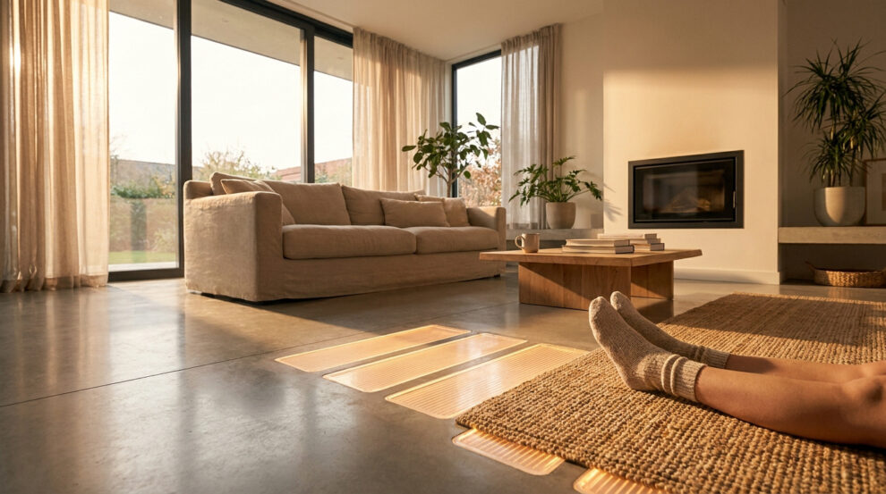 Salon moderne avec chauffage au sol diffusant une douce chaleur sous des dalles lumineuses, pieds posés sur un tapis.
