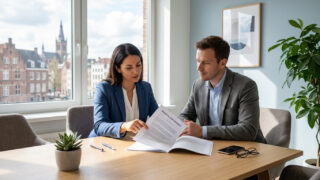 Une femme et un homme en tenue professionnelle lisent ensemble un contrat de location dans un bureau lumineux.