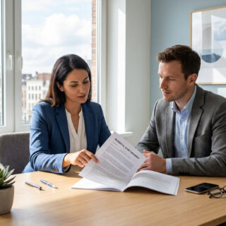 Une femme et un homme en tenue professionnelle lisent ensemble un contrat de location dans un bureau lumineux.